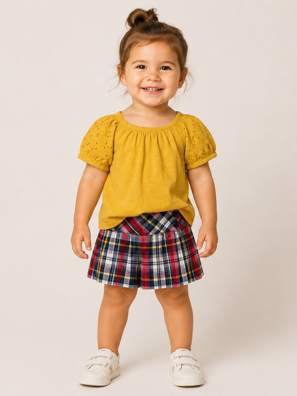 Girls set: Eyelet Sleeve Top and plaid skort